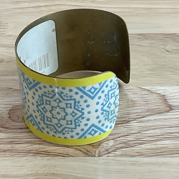Vintage Brass Enamel Cuff Bracelet Blue Yellow Geometric Boho Modernist 1.5” - Picture 8 of 10